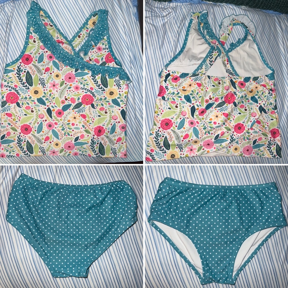 Lily & Londyn Floral Tankini Set with Teal Polka Dot Bottoms